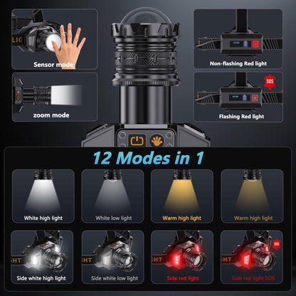 990000 Lumens Rechargeable LED Headlamp with Motion Sensor