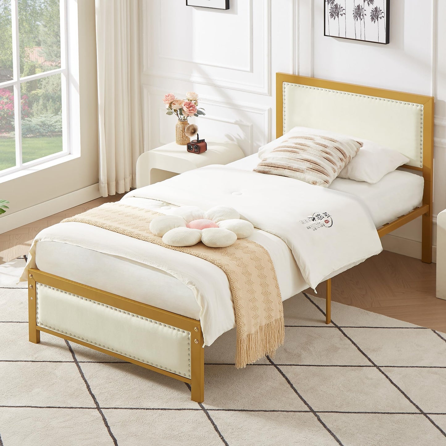 Twin Size Bed Frame with Upholstered Headboard