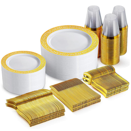 GATHER 300Pcs Gold Plates-Gold Plastic Dinnerware for 50 Guests-Disposable Lace Plates for Party Include: 100 Gold Plastic Plates Disposable, 50 Gold Silverware, 50 Cup for Mother's Day