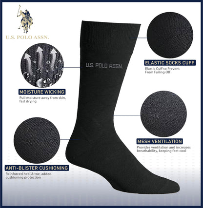 U.S. Polo Assn. 6 Pair Men's Crew Length Soft Dress Socks - Breathable & Moisture Control Socks for Indoor or Outdoor Wear, BLK 7509 (Shoe Size 6-12)
