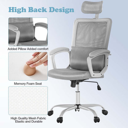 JHK Ergonomic High Back Mesh Lumbar Adjustable Height Rolling Swivel Computer Task Home Office Chairs with Support Armrest for Adults, Light Gray