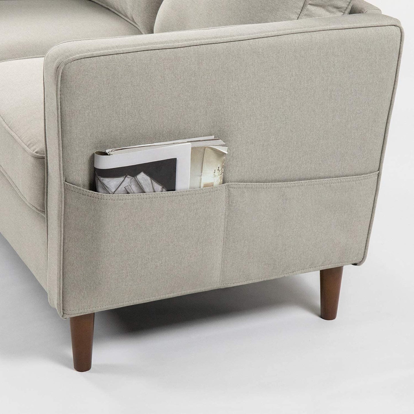 Mellow HANA Modern Linen Fabric Loveseat / Sofa / Couch with Armrest Pockets, Sand Grey, 0