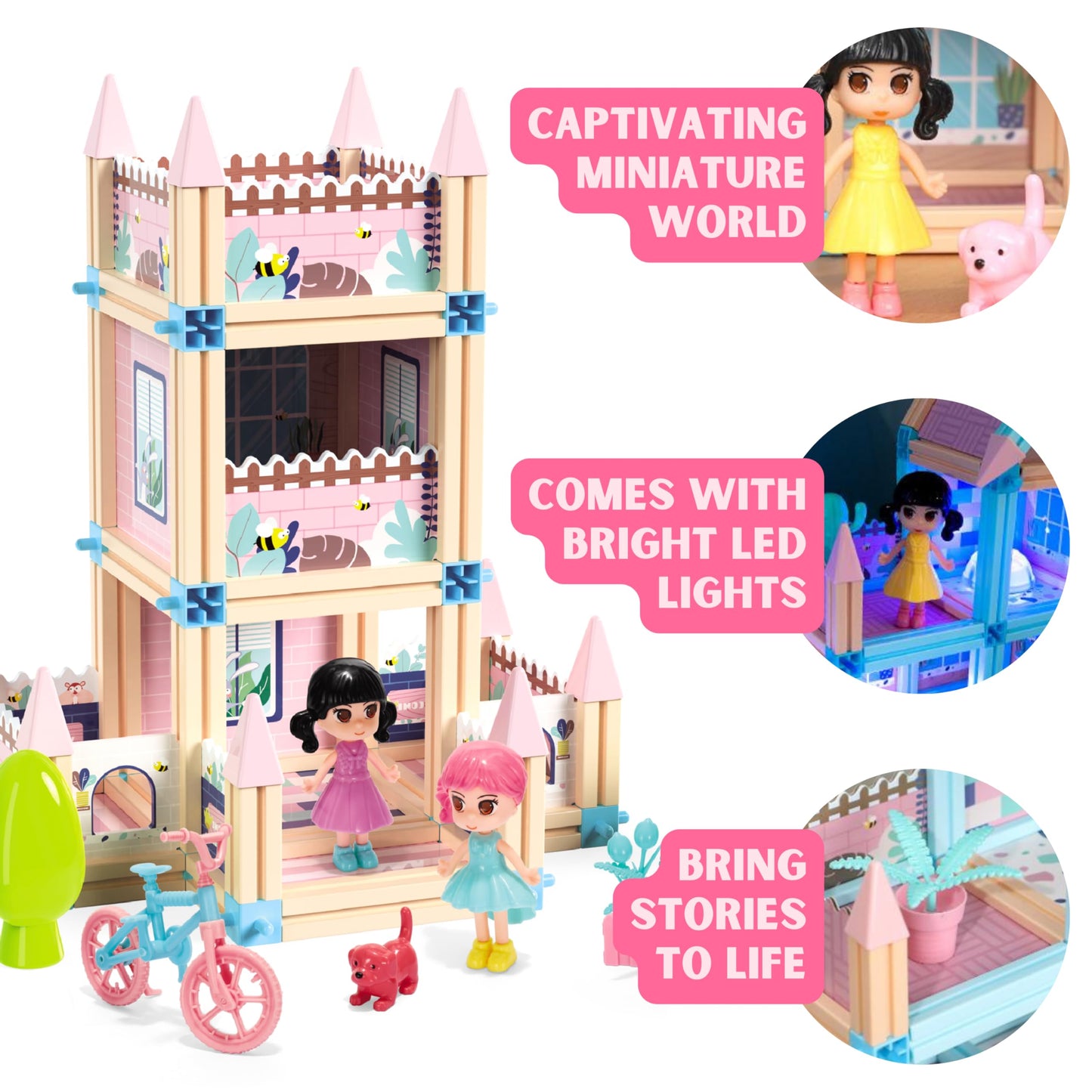 342-Piece 3D Princess Castle Villa Doll House Building Toy Set - STEM Montessori DIY Building Blocks Toys - Dollhouse for Girls Age 5 6 7 8 Year Old, LED Lights, ABS Plastic, Creative Kids Gift