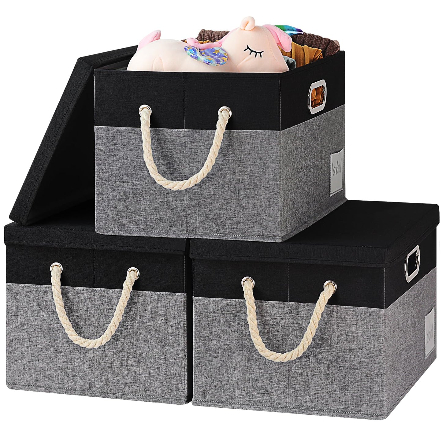 RVSNQ Large Storage Bins with Lids, Fabric Storage Bins with Cotton Rope Handle and Label, Foldable Storage Basket with Lid, Storage Boxes for Organizing Office, Hoom (3-Pack, Grey&Black)