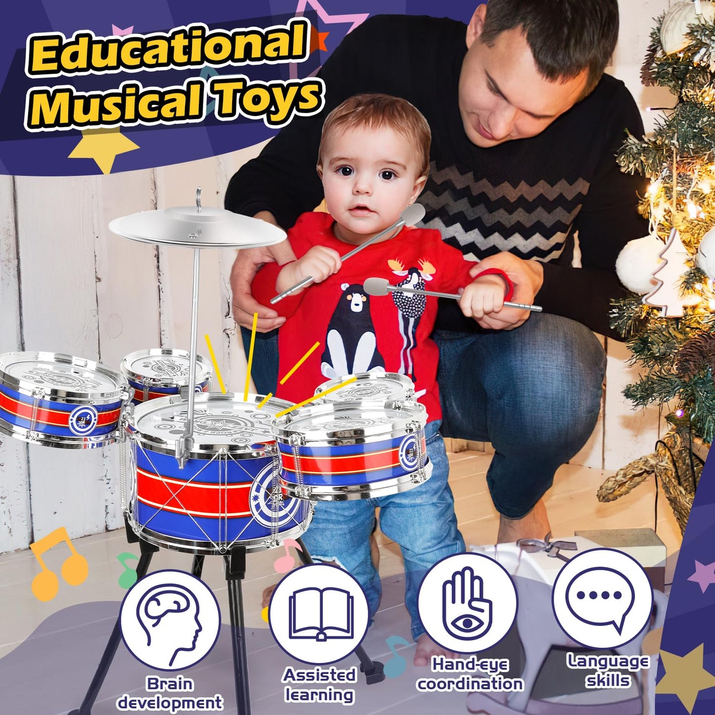 Toy Drum Set for Toddlers with Stool