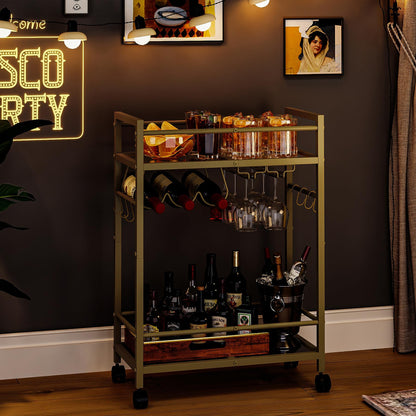 Gold Rolling Beverage Cart with Mirrored Shelves
