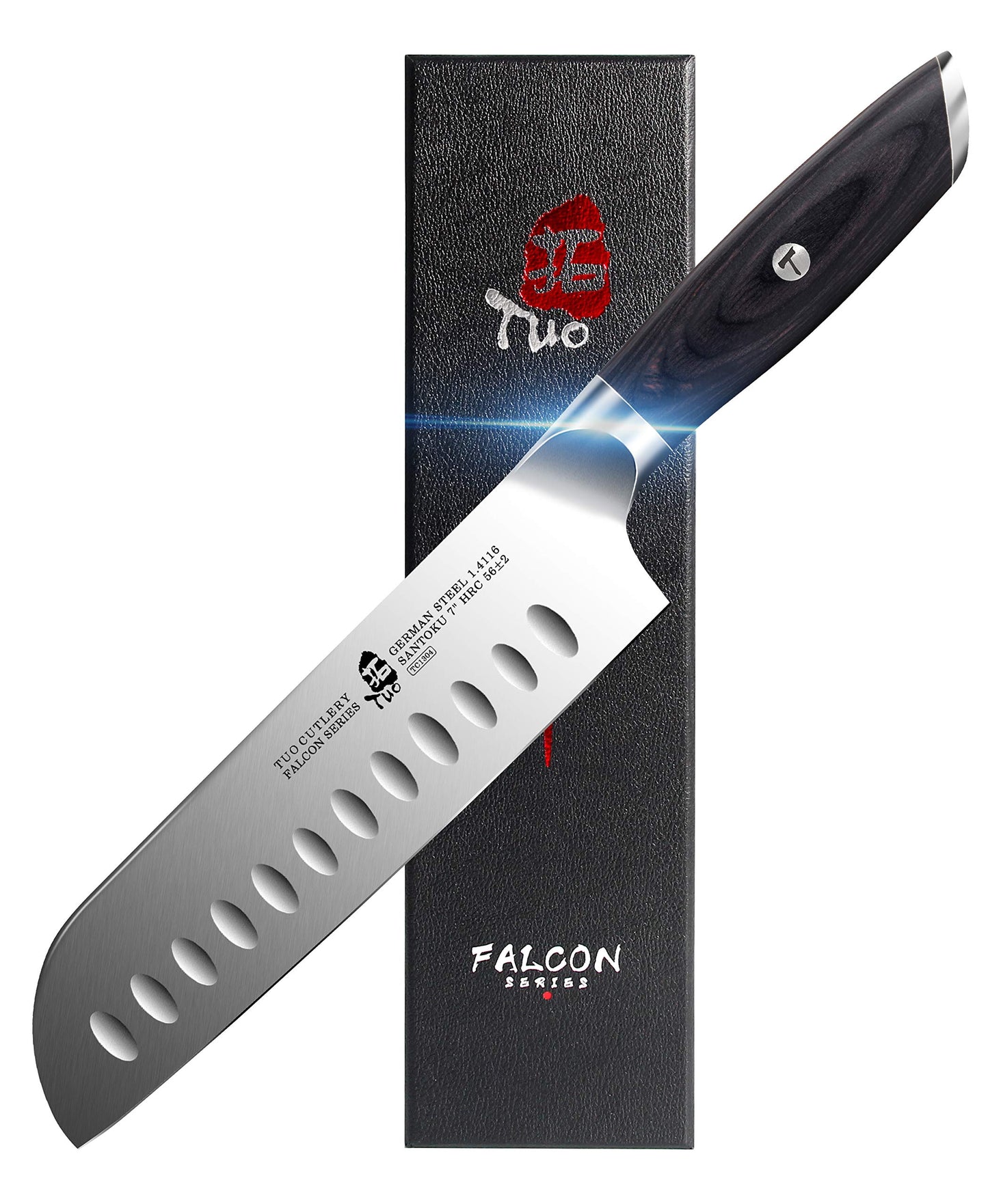TUO Kitchen Santoku Knife - 7 Inch Asian Knife Japanese Chef Knife- German HC Steel Kitchen Knife with Pakkawood Handle - FALCON SERIES with Gift Box