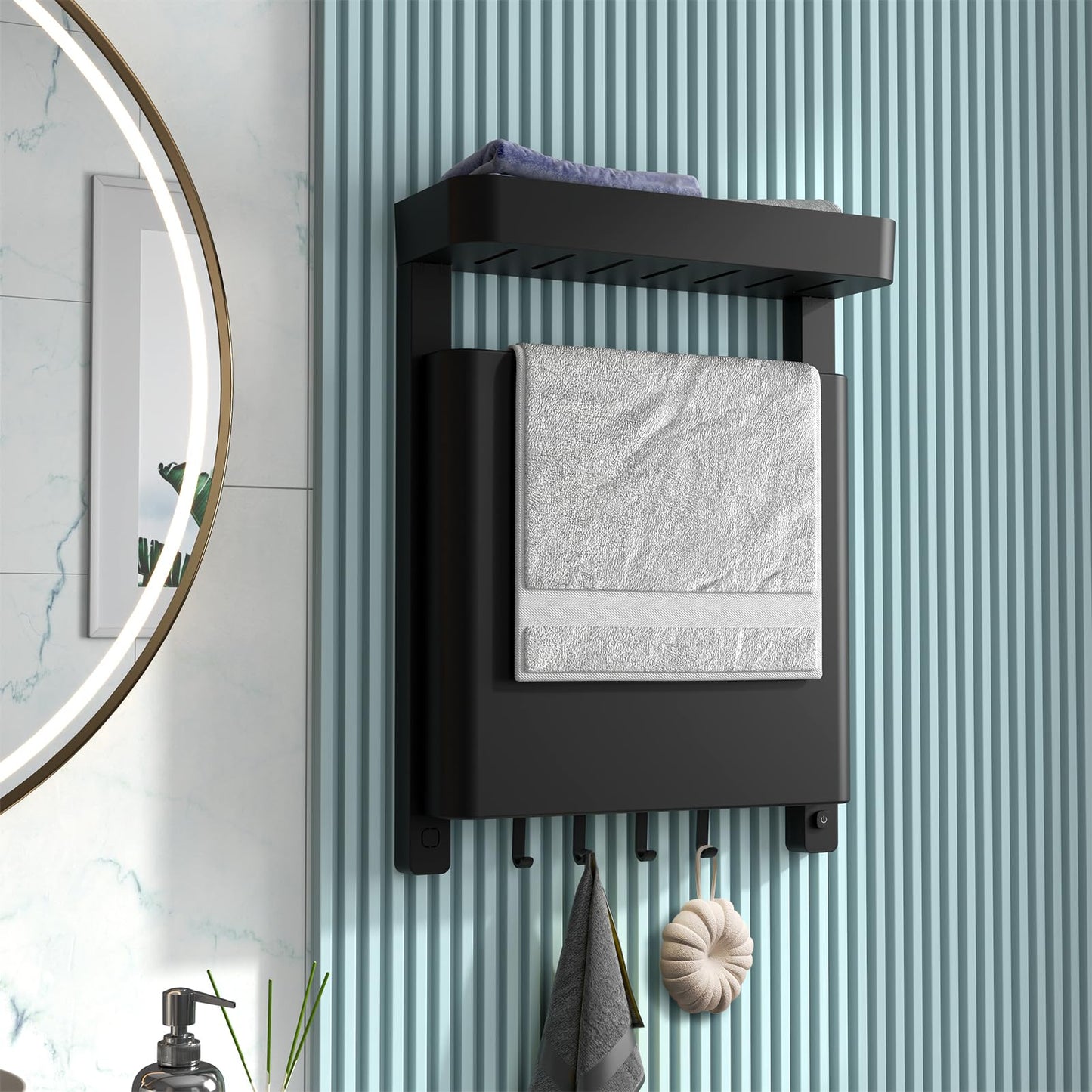 LALAHOO -15.7”x20.9”Heated Towel Rack, Towel Warmer Rack for Bathroom, IP24 Heated Towel Rack Wall Mounted, Heated Towel Warmer with Shelf and Towel Hooks, Towel Dryer Rack Heated