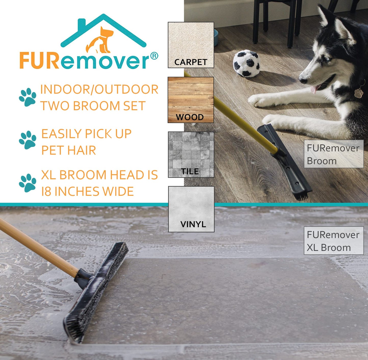 FURemover XL Heavy Duty and Original Indoor/Outdoor Broom Set, Standard and Extra Large, Black and Yellow (Model: 2385A6-AMZ)