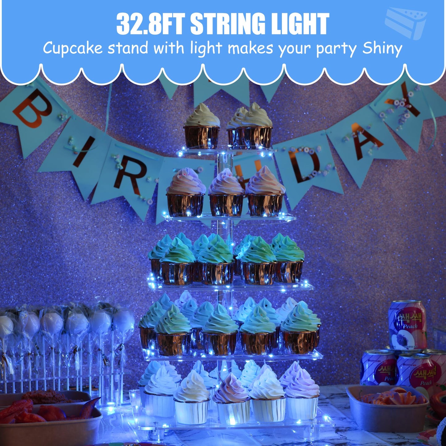 Antimbee 5 Tier Cupcake Stand, Clear Acrylic Cupcake Holder - Square Tower Display for Dessert Table + LED Light String, Cupcake Stand for Weddings/Birthday/Anniversary/Dating/Party Events