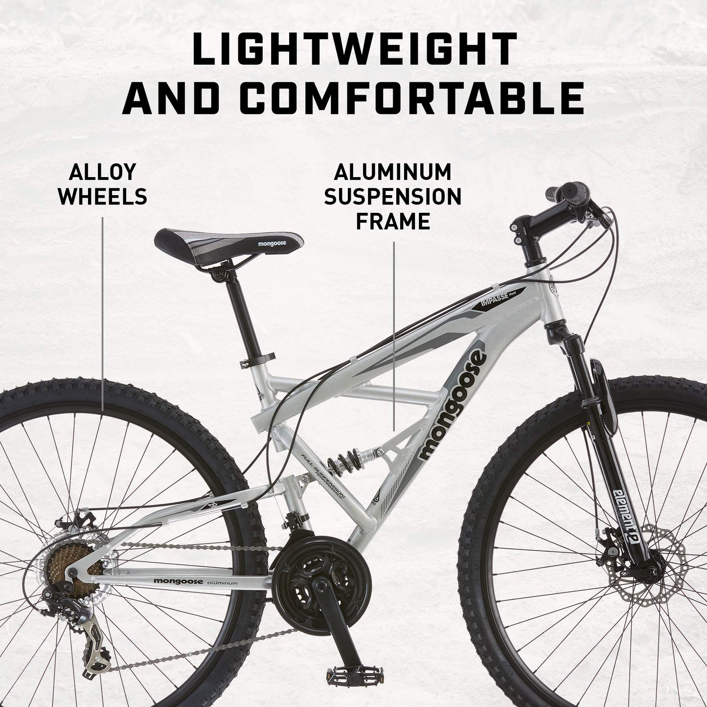 Mongoose Impasse Full Suspension Mountain Bike, Men and Women, 18-Inch Aluminum Frame, 29-Inch Wheels, Front and Rear Disc Brakes, Twist Shifters, 21-Speed Rear Deraileur, Silver