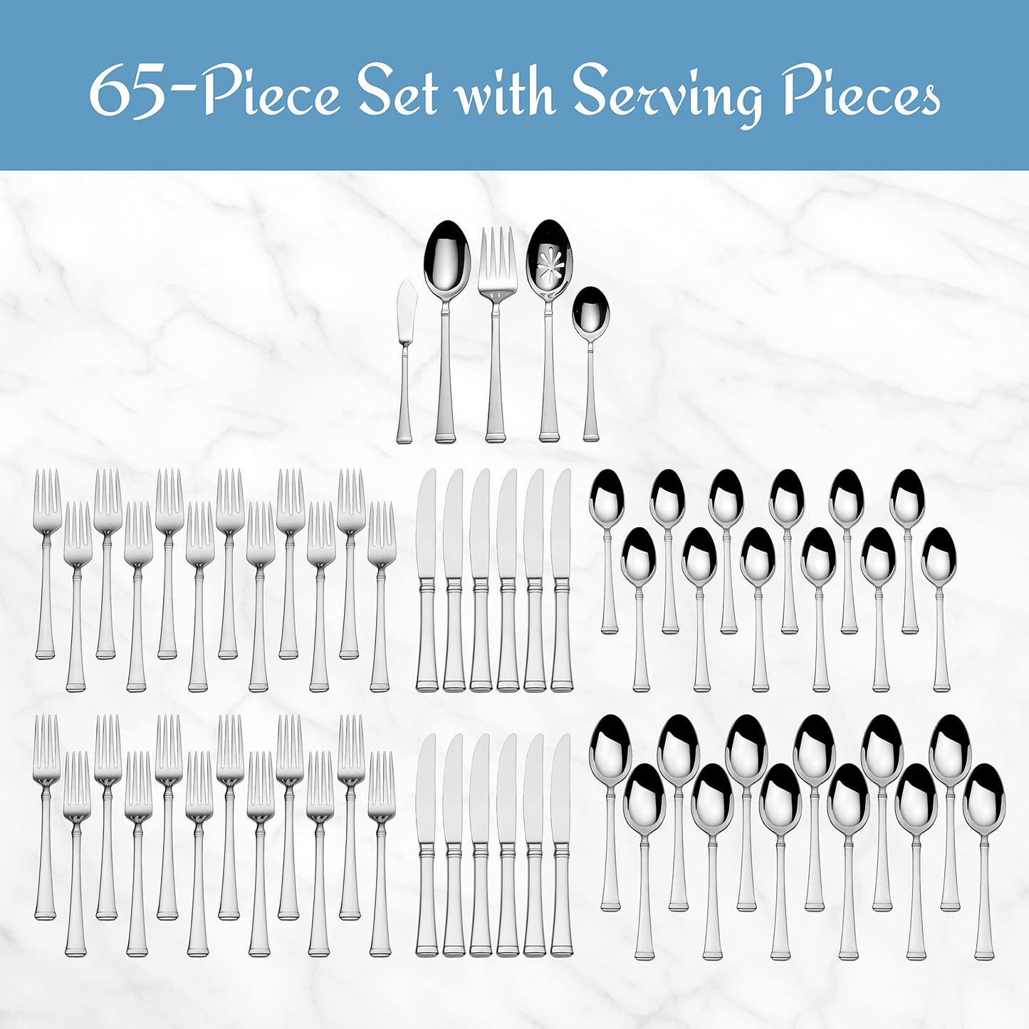 Mikasa, Harmony Flatware Service for 12, 65 Piece Set, 18/10 Stainless Steel, Silverware Set with Serving Utensils