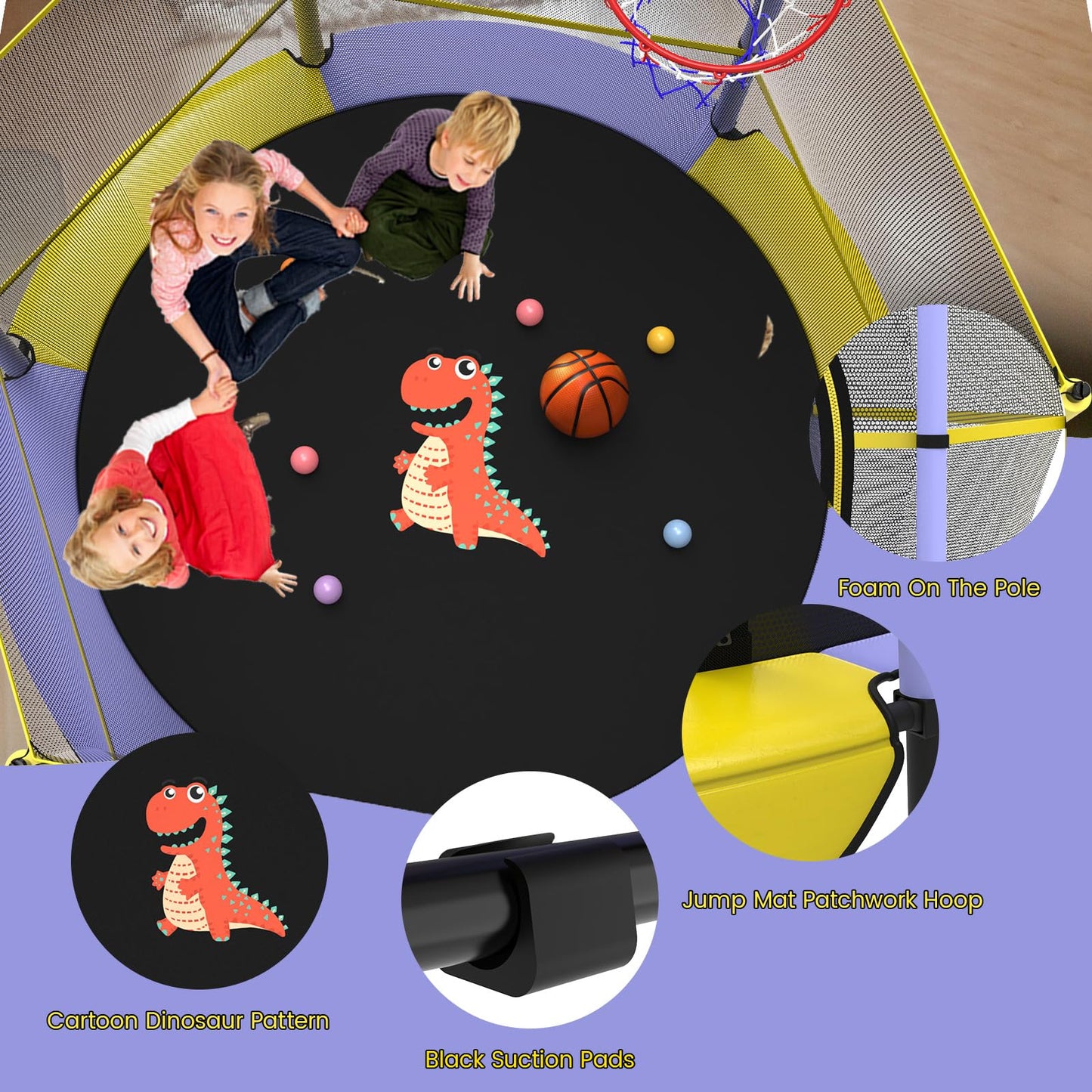 Gardenature Toddler Trampoline for Kids Mini Trampoline Outdoor Indoor Small Trampoline with Net, Basketball Hoop,with Dart Board 5FT Yellow Purple