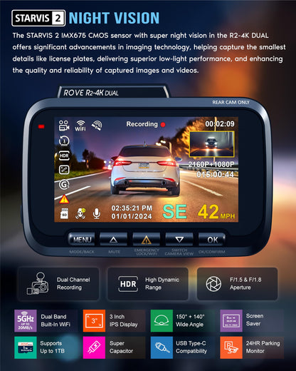 4K Dual Dash Cam ROVE with 128GB Card