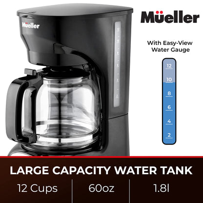 Mueller 12-Cup Drip Coffee Maker Machine with Anti-Drip System, Permanent Filter, Glass Carafe, and Auto Keep Warm Function