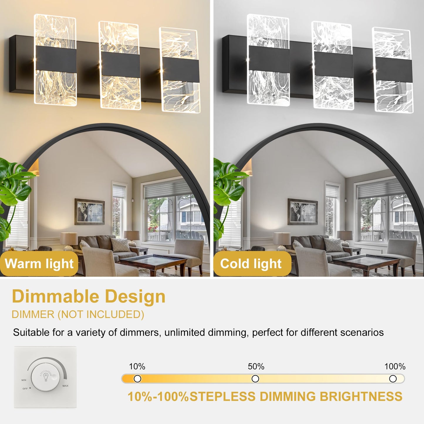 NADOSA Modern LED Bathroom Light Fixtures 3-Light Black Vanitys Light, 5CCT Adjustable Lighting Fixture Vanity Lights Over Mirror, Smoked Acrylic LED Vanity Lights for Bathroom