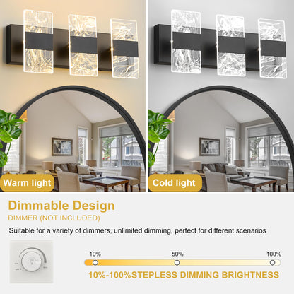 NADOSA Modern LED Bathroom Light Fixtures 3-Light Black Vanitys Light, 5CCT Adjustable Lighting Fixture Vanity Lights Over Mirror, Smoked Acrylic LED Vanity Lights for Bathroom