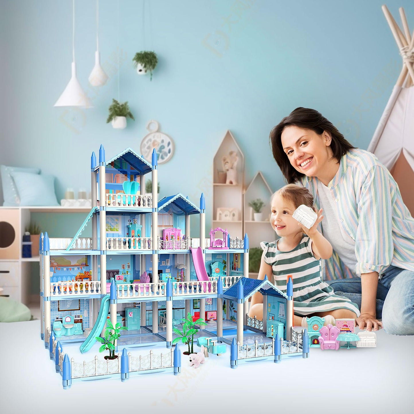 Doll House, Dream Doll House Girls Toys, 4 Story 14 Rooms Dollhouse with 4 Dolls, Dollhouse Furniture Accessories with Light, Toddler Playhouse Gift for 3 4 5 6 7 8 9 10 Year Old Girls Toys (blue04)