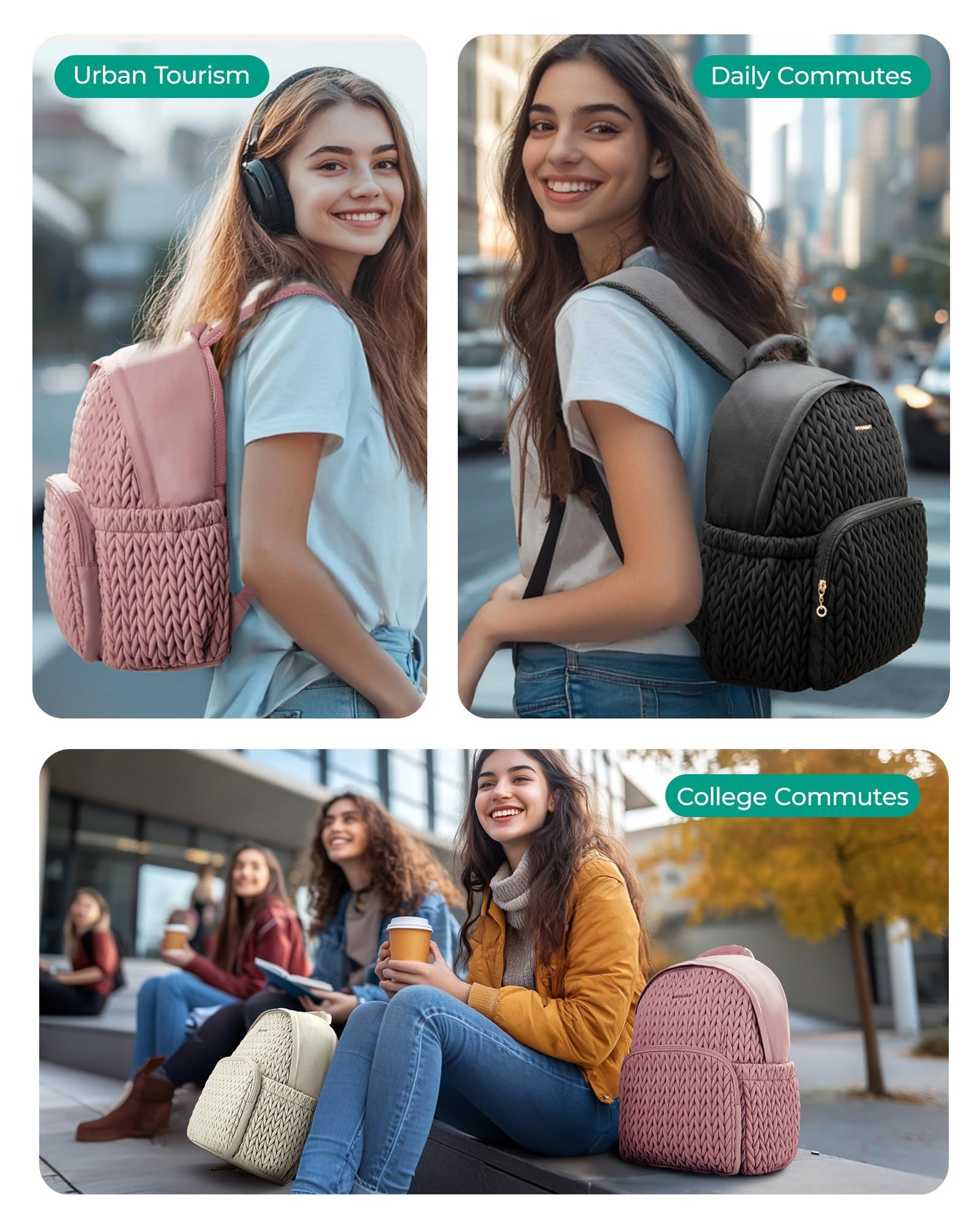 BAGSMART College Backpack for Women, Lightweight Puffy Travel Backpack, TSA Personal Item Casual Daypack,14 Inch Fashion Bookbag, Black