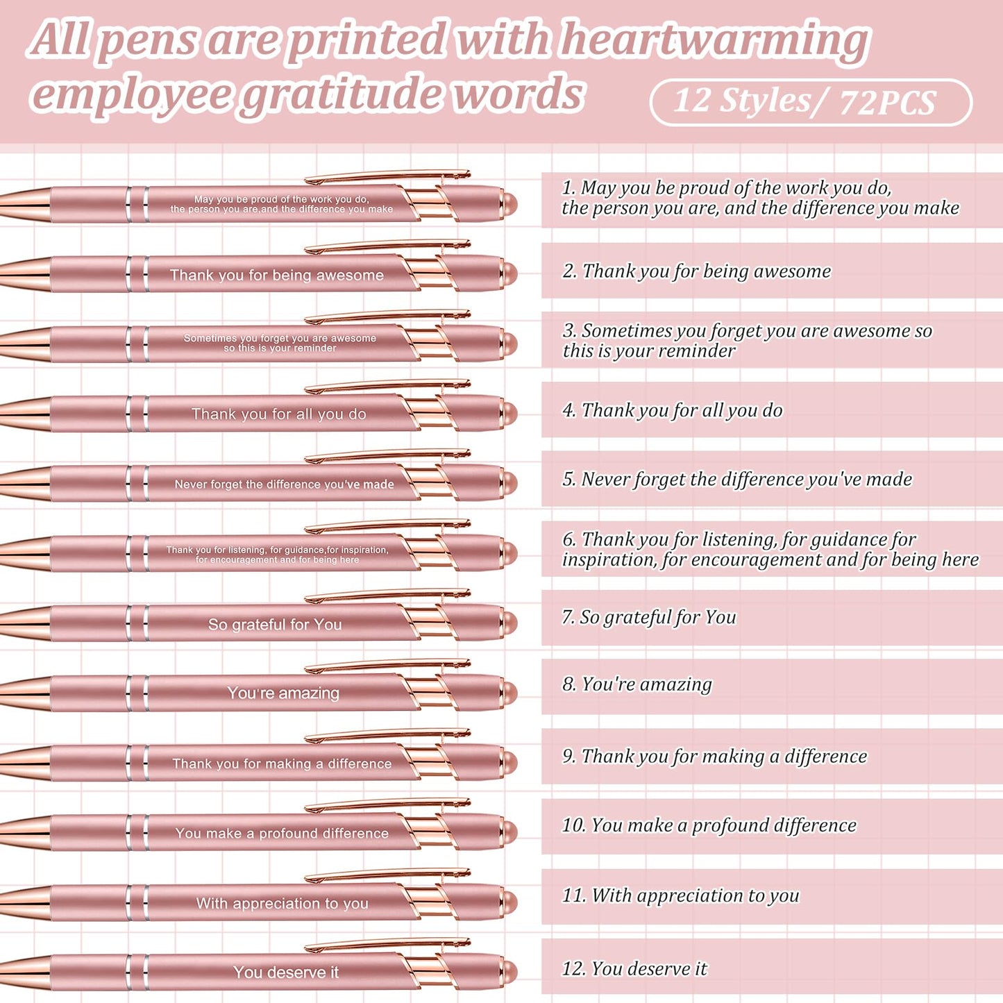 Outus 72 Pcs Employee Appreciation Gifts Pens with Stylus Tip Inspirational Pen Bulk Motivational Ballpoint Pen Black Ink Thank You Pens for Employee Coworker Team, 12 Styles (Rose Gold)