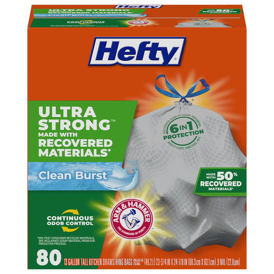 Hefty Ultra Strong Made with 50% Recovered Materials* Tall Kitchen Trash Bags, Gray, Clean Burst, 13 Gallon, 80 Count