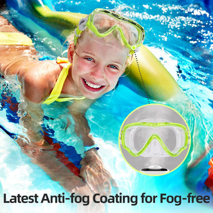 Kids Swim Goggles Snorkel Mask Diving Scuba Mask Snorkeling Goggles for Kids Boys Girls Youth, Anti-Fog 180° Clear View Kids Pool Underwater Swimming Goggles with Nose Cover, Snorkel Swim Equipment
