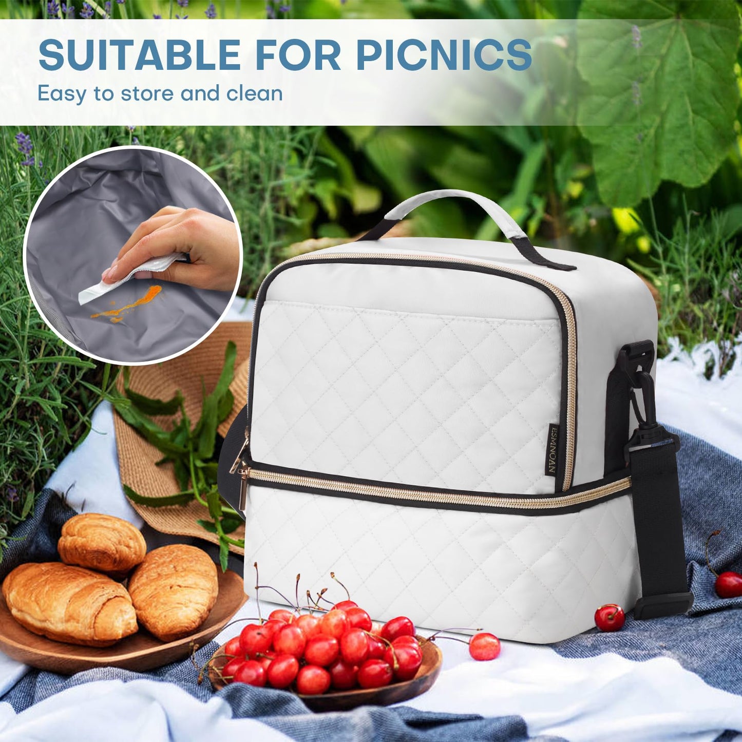 ESMNOAN Lunch Bag Women Double Deck Lunch Box,Leakproof Cooler Bag with Adjustable Shoulder Strap for Adults Work Office Picnic,Beige