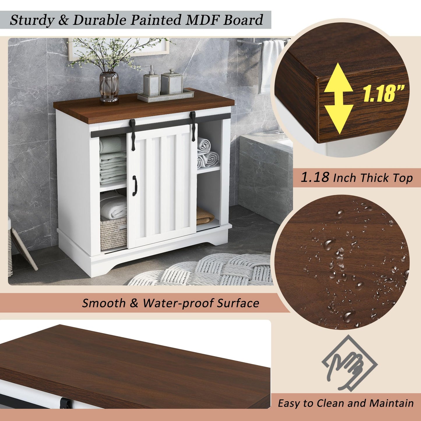 Merax, Brown Bathroom Cabinet with Sliding Barn Door, Farmhouse Accent Storage Cupboard with Adjustable Shelf, 1.18inch Thick MDF Board, White