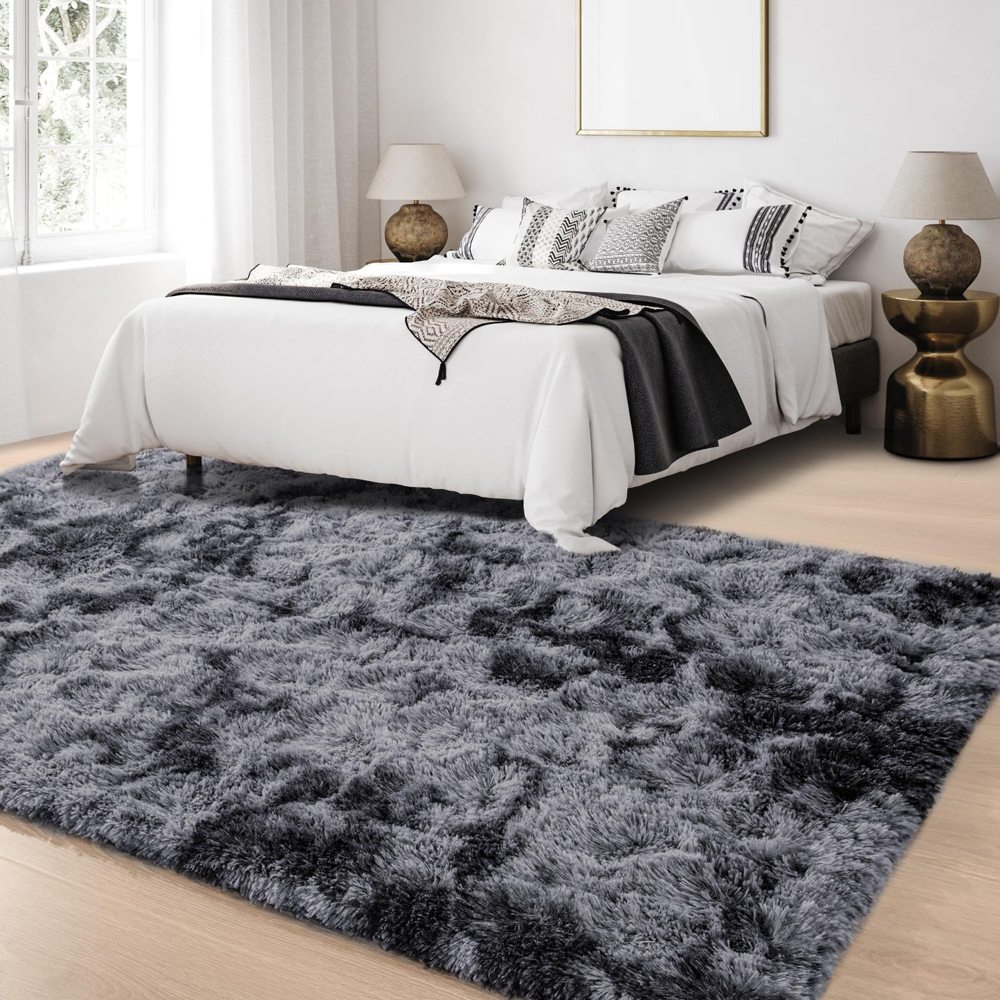 Foxmas Shag Rugs for Bedroom Living Room, 5x7Ft Soft Fluffy Tie-Dyed Rug for Kids Room with Non-Slip Backing, High Pile Nursery Carpets Fuzzy Boys Girls Dorm Home Decor Aesthetic, Dark Grey