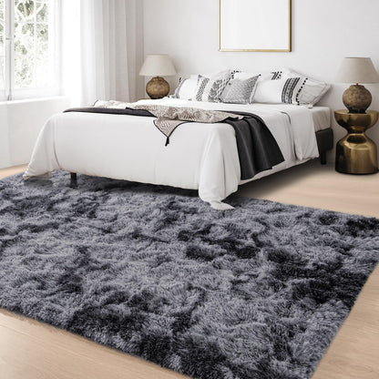 Foxmas Shag Rugs for Bedroom Living Room, 5x7Ft Soft Fluffy Tie-Dyed Rug for Kids Room with Non-Slip Backing, High Pile Nursery Carpets Fuzzy Boys Girls Dorm Home Decor Aesthetic, Dark Grey