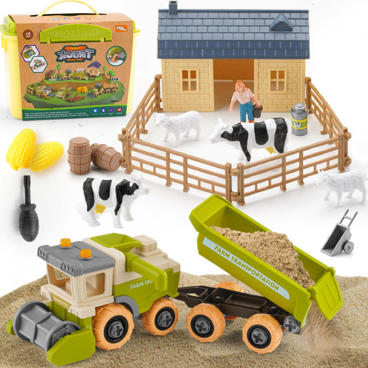 Eaciilee Sandbox Toys - Combine Harvester Truck Toy with Trailer - Farm Sand Box Toys Vehicle with Farm Animal Cows, Lambs, Outdoor Beach and Sand Toy Trucks - Gifts for Boys Girls Kids
