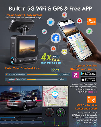 Sarmert C1 5K Dash Cam Front - Built-in GPS and 5G WiFi, Sony STARVIS Sensor, HDR Night Vision Car Camera, 5K/4K/2.5K UHD Dash Camera for Cars, Loop Recording, WDR, G-Sensor, 24H Parking Mode