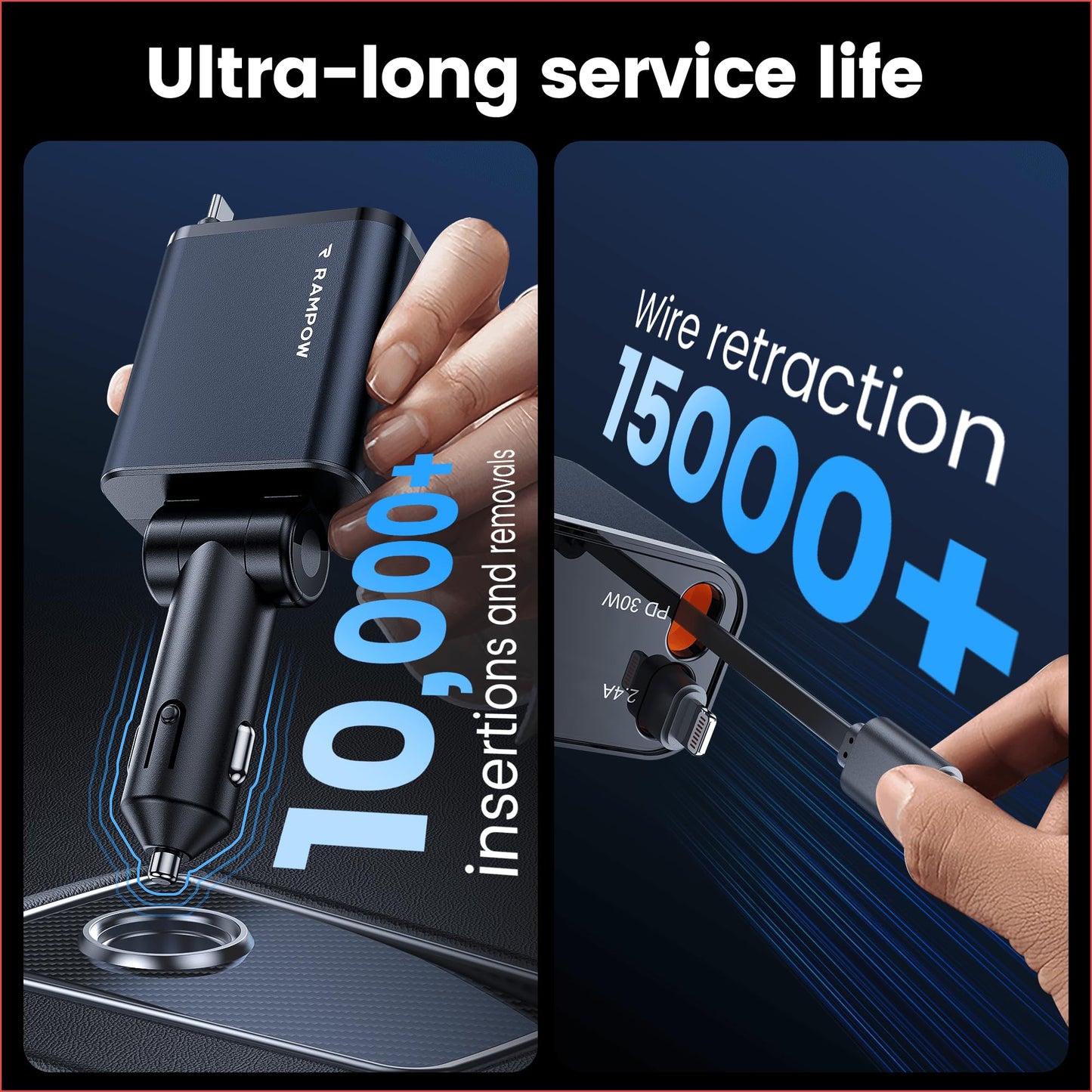 RAMPOW 65W Retractable USB-C Car Charger