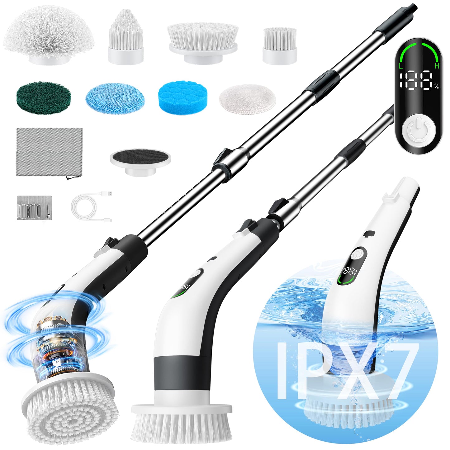 Vaxbree Electric Spin Scrubber with LED Display, IPX7 Waterproof Powerful Shower Scrubber, 2H Runtime, 2 Speeds, Adjustable Handle, 8 Brush Heads for Bathtub Tile Car-Black and White