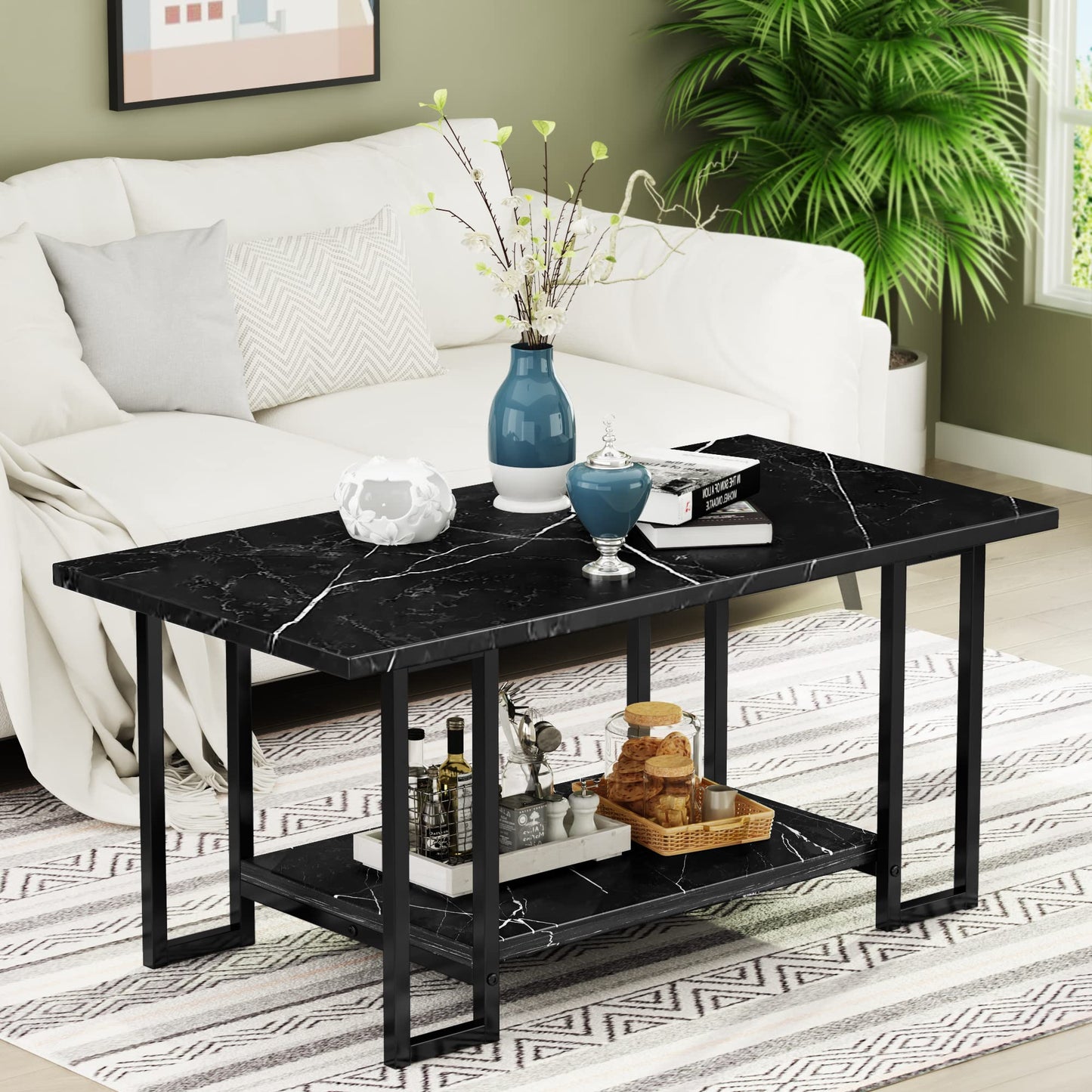 AWQM Marble Coffee Table, Faux Marble Top Rectangular Coffee Table with Black Metal Frame, 2 Tier Table for Living Room, Office, Balcony, Black, 40 Inch