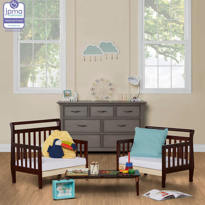 Dream On Me Emma 3-in-1 Convertible Toddler Bed in Espresso, Converts to Two Chairs and-Table, Low to Floor Design, JPMA Certified, Non-Toxic Finishes, Safety Rails