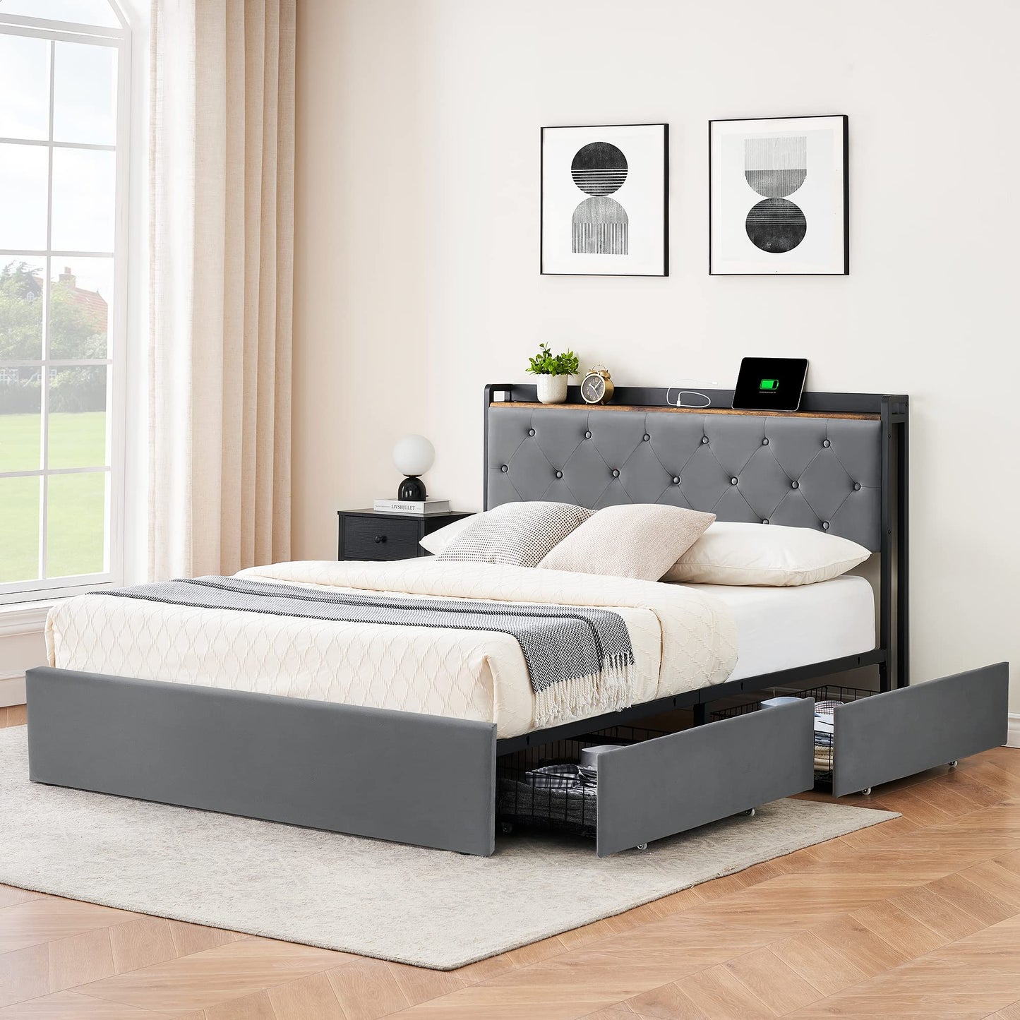 Full Size Velvet Bed Frame with Storage Drawers