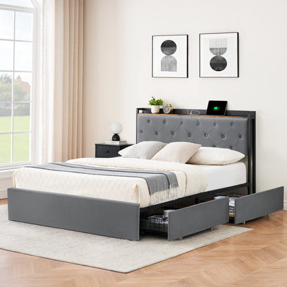 Full Size Velvet Bed Frame with Storage Drawers