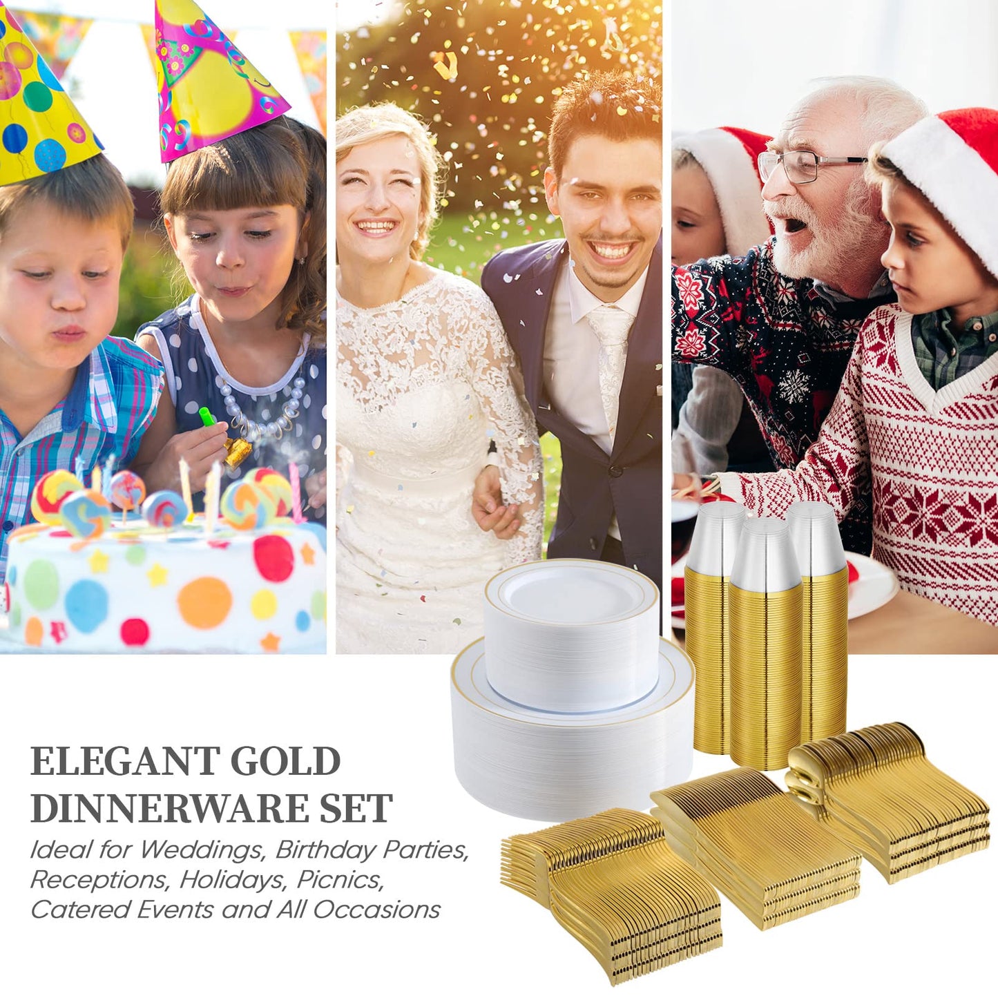 600 Piece Gold Rimmed Disposable Dinnerware Set for 100