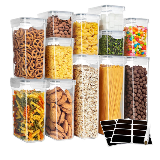 MR.SIGA 12 Pack Airtight Food Storage Container Set, BPA Free Kitchen Pantry Organization, Kitchen Canisters for Cereal, Spaghetti, includes 16 Reusable Sticker Labels and 1 Erasable Chalk Marker