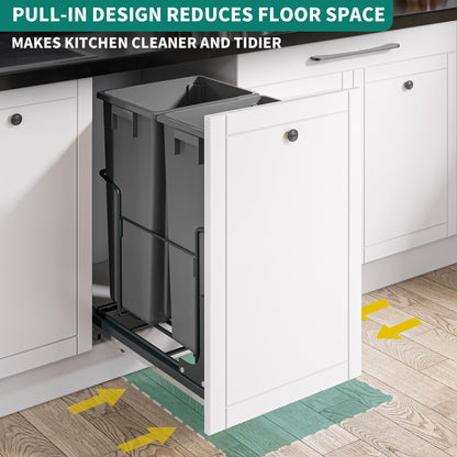 YITAHOME Double 37 Quart Pull-Out Trash Can Recycling Bin with Soft-Close Slides Minimum Cabinets, Sliding Under Mount Kitchen Waste Garbage Container for 19.3" W x 25.2" D x 25" H, Dull Gray