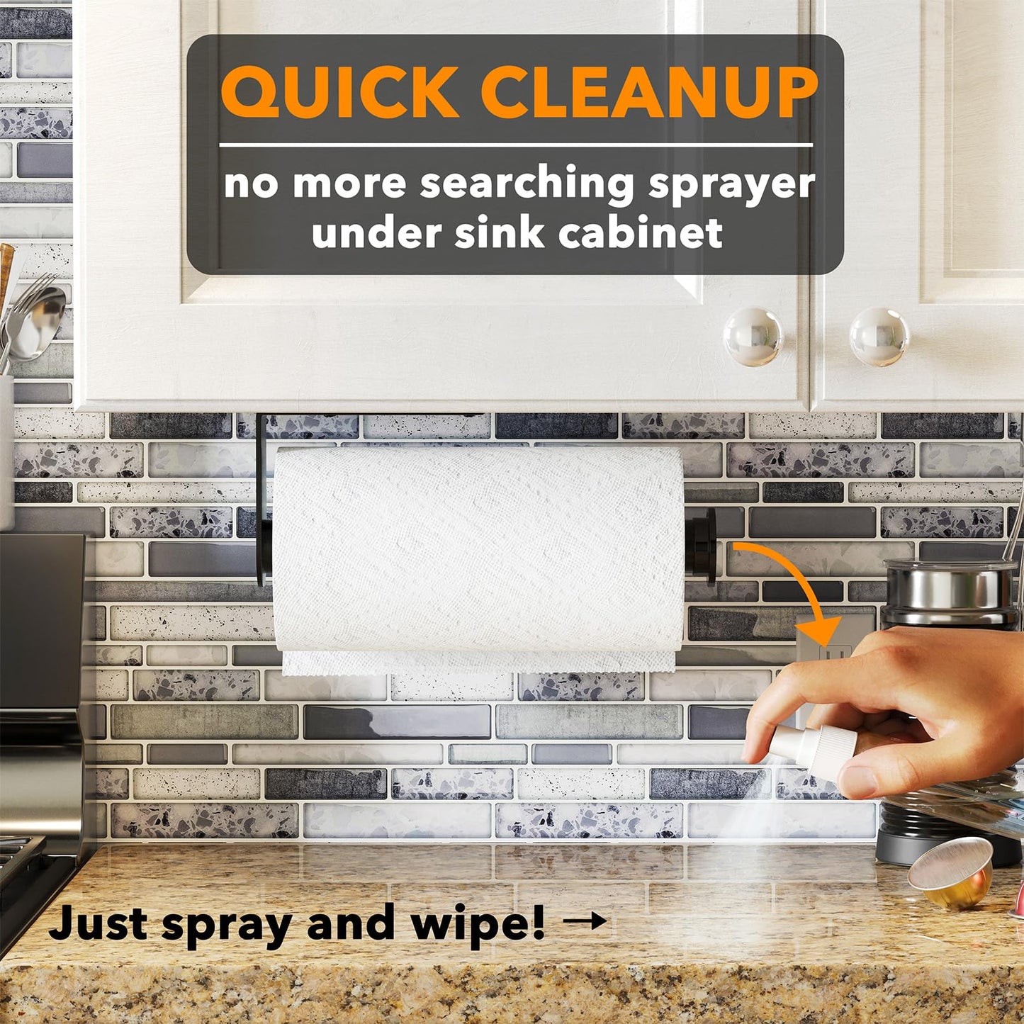 UPDATE: DEAD! SpaceAid SprayNeat Paper Towel Holder with Spray Bottle, Under Cabinet Paper Towels Holders with Sprayer Inside Center, Hanging Wall Mount Papertowels Roller for Kitchen and Bathroom (Black)