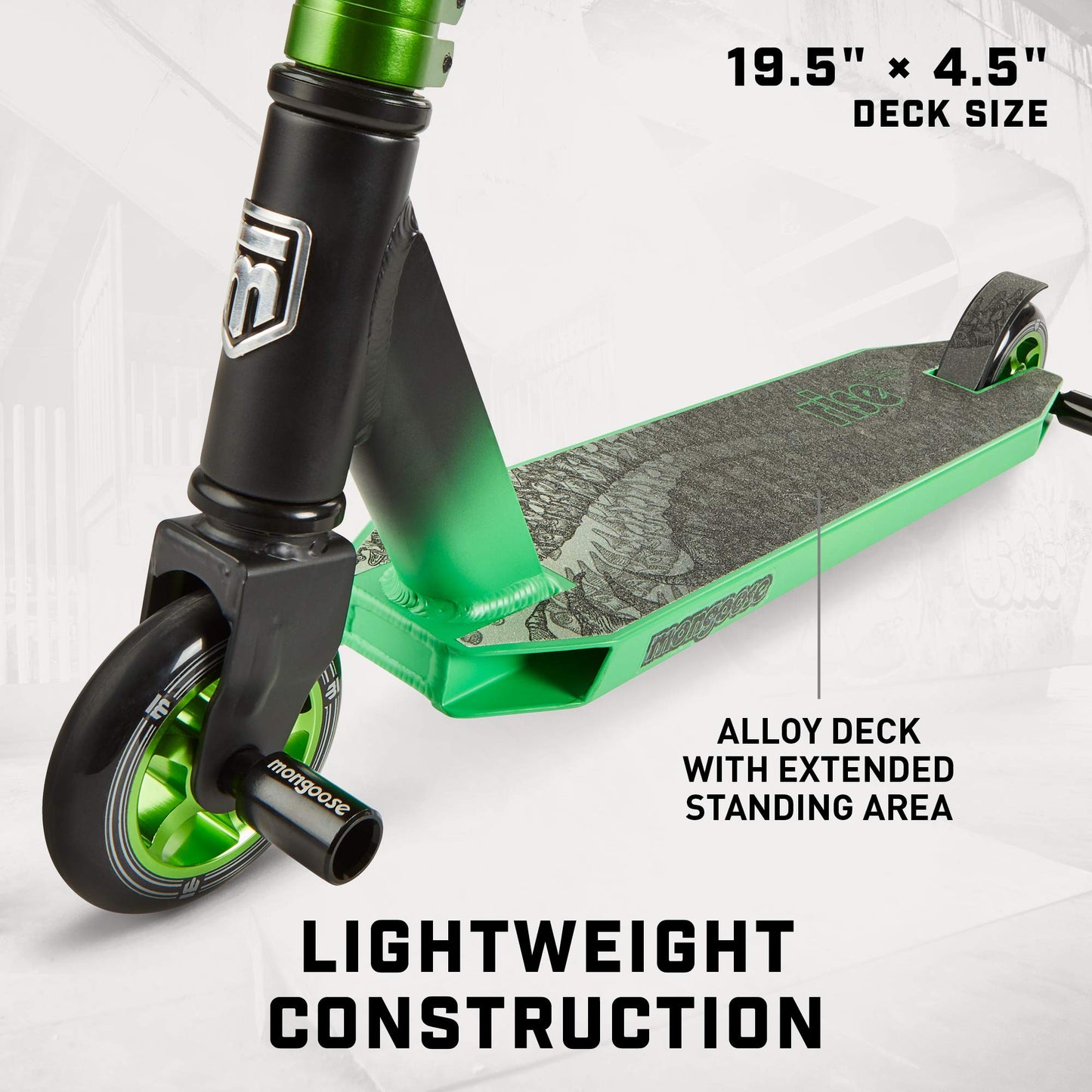 Mongoose Rise 100 Pro Freestyle Stunt/Trick Scooter, Lightweight Alloy Deck & Heavy-Duty Frame Up to 220 lbs., T-Bar Handlebar w/ Bike-Style Grip, High Impact 100mm Wheels, Black/Green