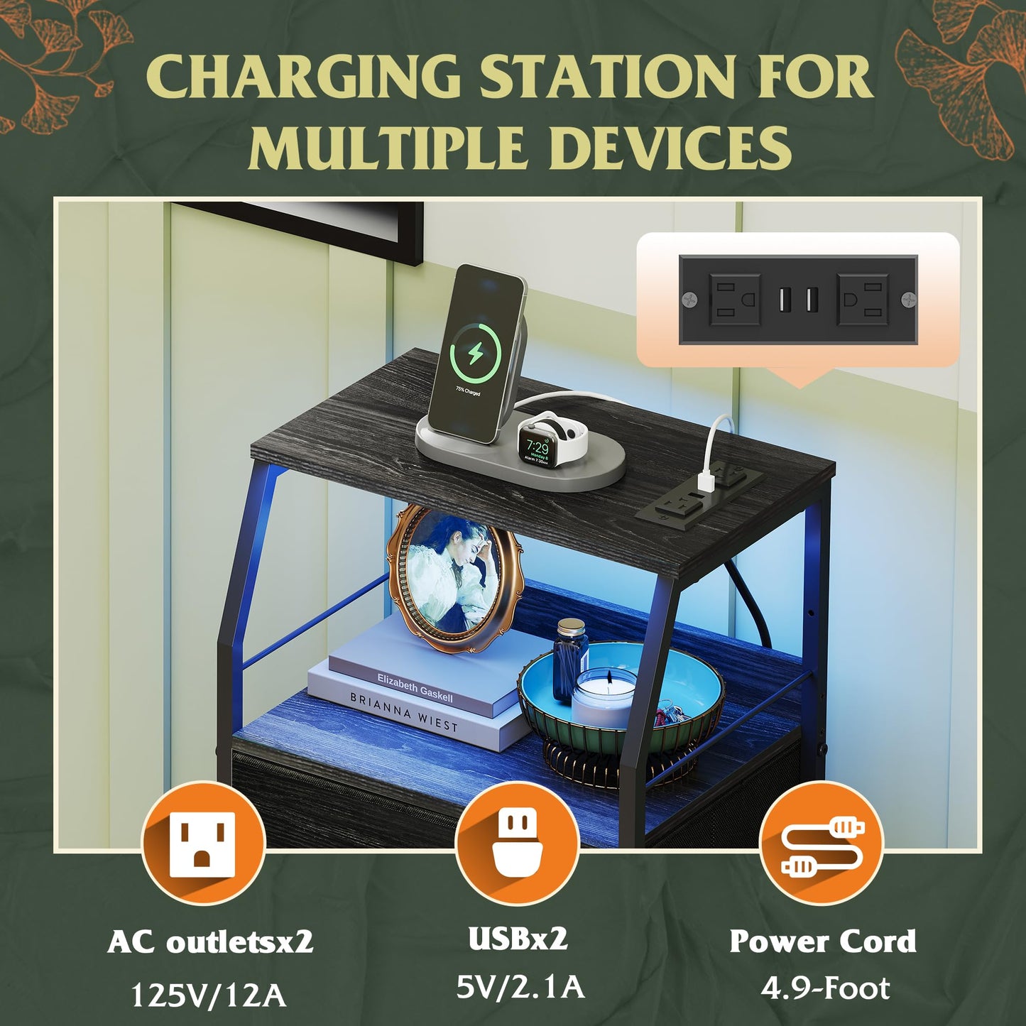 WLIVE Nightstand with Charging Station and Drawers