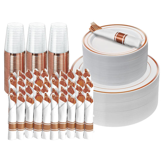 Prestee 350 Pc Disposable Dinnerware Set for 50 Guests - Rose Gold - Reusable Party Supplies Set incl. 50 of Dinner Plates, Salad Plates, Knives, Forks, Spoons and Cups, Wedding Reception Supplies