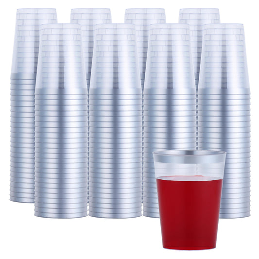 By Madee HEAVYWEIGHT 200 Pack Silver Plastic Cups 10 oz | Silver Rimmed Plastic Cups for Party | Fancy Clear Disposable Cups for Weddings, Birthdays and Special Occasions