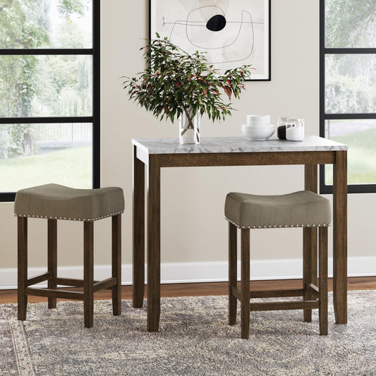 Nathan James Viktor 3 Piece Set, Heigh Kitchen Counter Pub Dining or Breakfast Table with Marble Top and Fabric Wood Base Seat, Beige/Light Brown