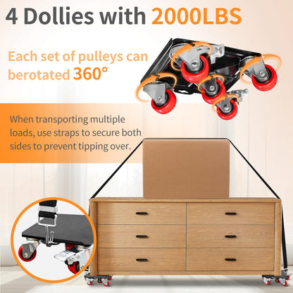 Furniture Dolly with 5 Wheels & Furniture Sliders Lifter Set, Heavy Duty Furniture Movers for Moving Heavy Furniture and Appliances, 2000 Lbs Capacity, 360° Rotating Wheels & Side Brake