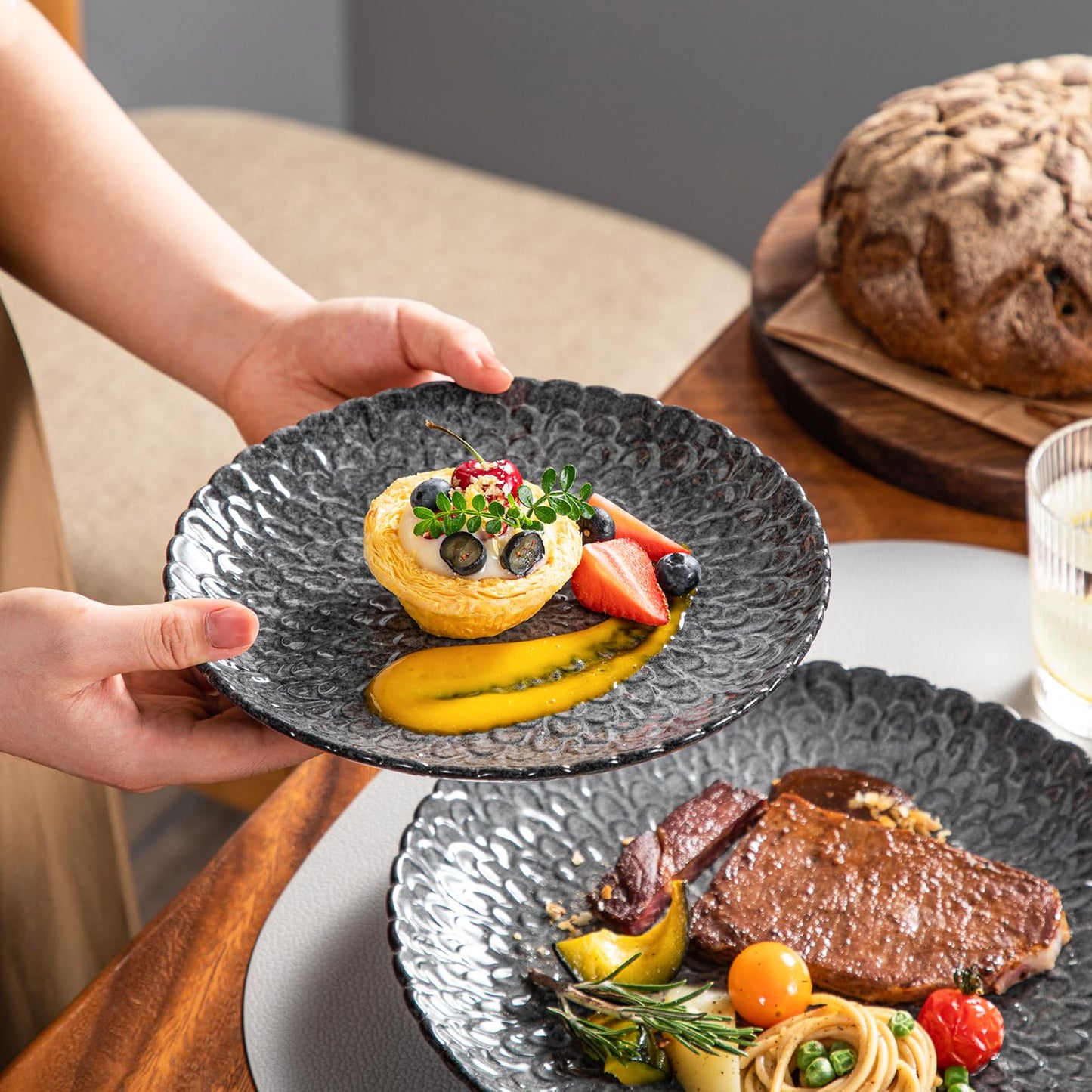 vancasso Dinnerware Sets Gray Reactive Glaze Crockery Set, 12-Piece Stoneware Plates and Bowls Set with Dinner Plate, Dessert Plate and Pasta Bowl Chrysanthemum Embossed, Service for 4