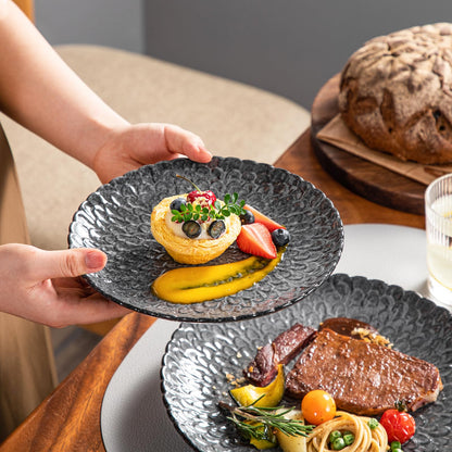 vancasso Dinnerware Sets Gray Reactive Glaze Crockery Set, 12-Piece Stoneware Plates and Bowls Set with Dinner Plate, Dessert Plate and Pasta Bowl Chrysanthemum Embossed, Service for 4